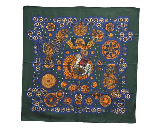 Authentic HERMES Carre 90 Scarf "LE ROY SOLEIL" Silk Green 9566D