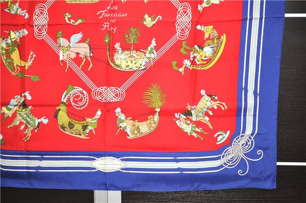 Authentic HERMES Carre 90 Scarf "Les fantaisies du Roy" Silk Blue 9569D