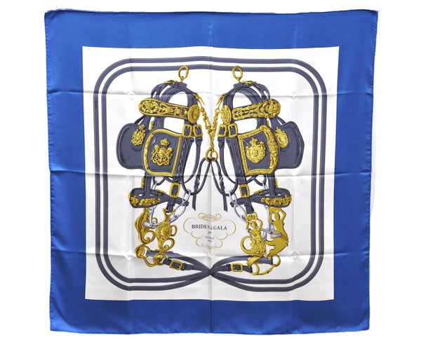 Authentic HERMES Carre 90 Scarf "BRIDES de GALA par" Silk Blue 9571D