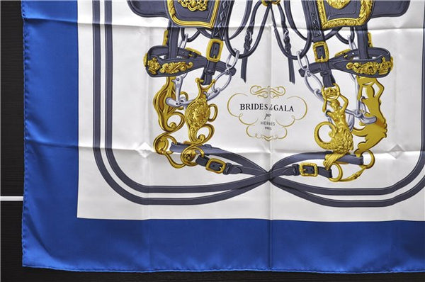 Authentic HERMES Carre 90 Scarf "BRIDES de GALA par" Silk Blue 9571D