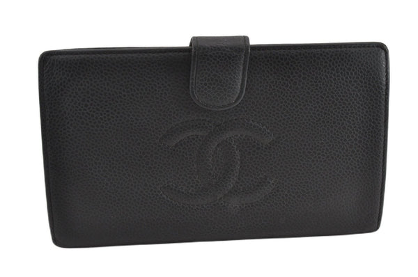 Authentic CHANEL Vintage Caviar Skin CC Logo Long Wallet Purse Black 9572F