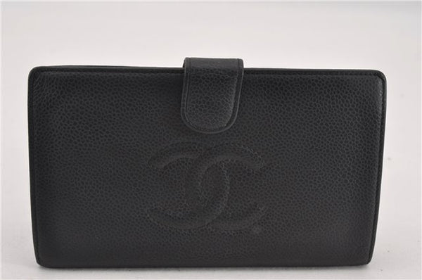 Authentic CHANEL Vintage Caviar Skin CC Logo Long Wallet Purse Black 9572F