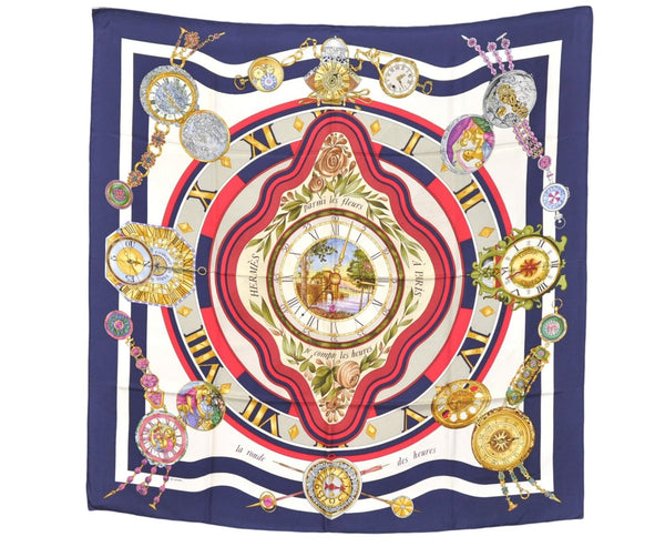 HERMES Carre 90 Scarf "parmi les fleurs je compte les heures" Silk Navy 9577D