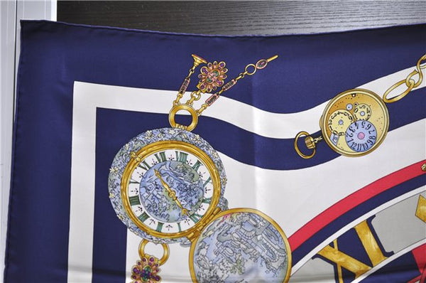 HERMES Carre 90 Scarf "parmi les fleurs je compte les heures" Silk Navy 9577D