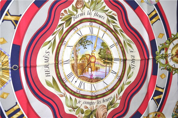 HERMES Carre 90 Scarf "parmi les fleurs je compte les heures" Silk Navy 9577D