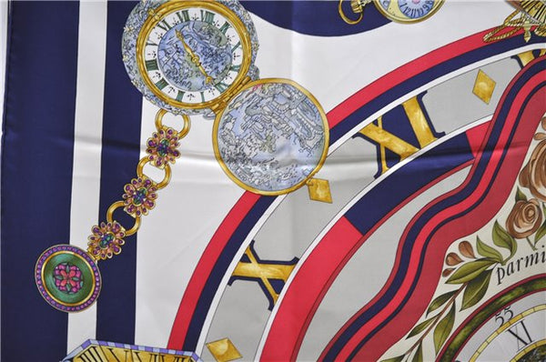 HERMES Carre 90 Scarf "parmi les fleurs je compte les heures" Silk Navy 9577D