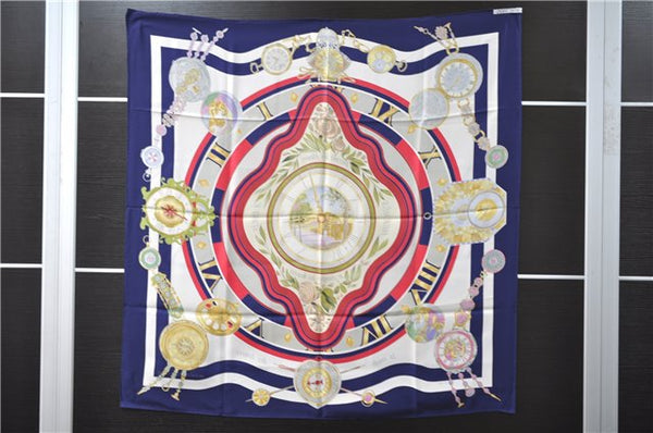 HERMES Carre 90 Scarf "parmi les fleurs je compte les heures" Silk Navy 9577D