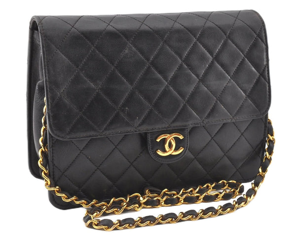 Authentic CHANEL Lamb Skin Matelasse Chain Shoulder Bag Black CC Junk 9582F