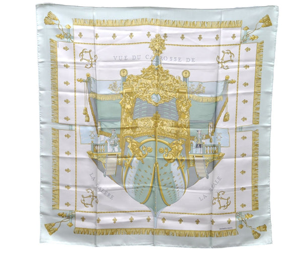 HERMES Carre 90 Scarf "VUE DU CAROSSE DE LA GALERE LA REALE" Silk Green 9585D