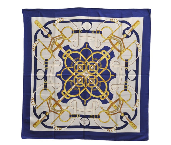 Authentic HERMES Carre 90 Scarf "Eperon d'or" Silk Blue 9593D