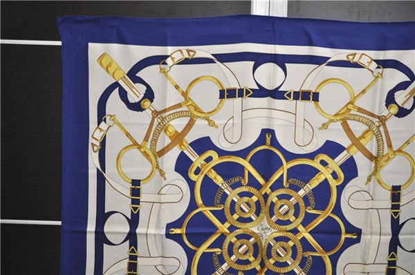 Authentic HERMES Carre 90 Scarf "Eperon d'or" Silk Blue 9593D