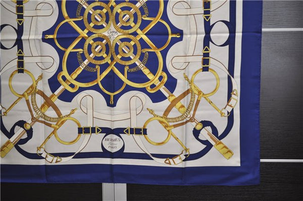 Authentic HERMES Carre 90 Scarf "Eperon d'or" Silk Blue 9593D