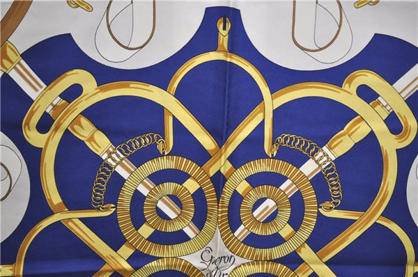 Authentic HERMES Carre 90 Scarf "Eperon d'or" Silk Blue 9593D