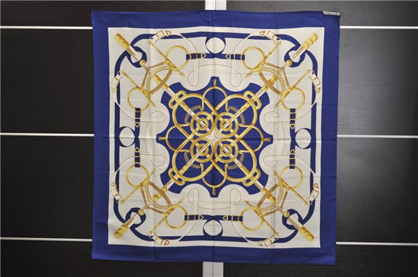 Authentic HERMES Carre 90 Scarf "Eperon d'or" Silk Blue 9593D