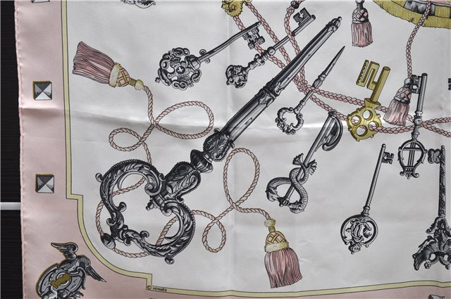 Authentic HERMES Carre 90 Scarf Key Tassel Motif Silk Pink 9594D