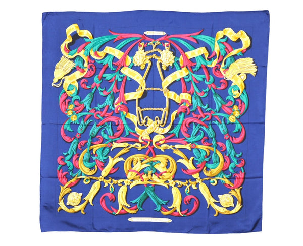 Authentic HERMES Carre 90 Scarf "LE MORS A LA CONETABLE" Silk Navy 9599D