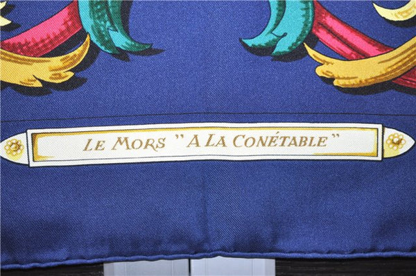 Authentic HERMES Carre 90 Scarf "LE MORS A LA CONETABLE" Silk Navy 9599D