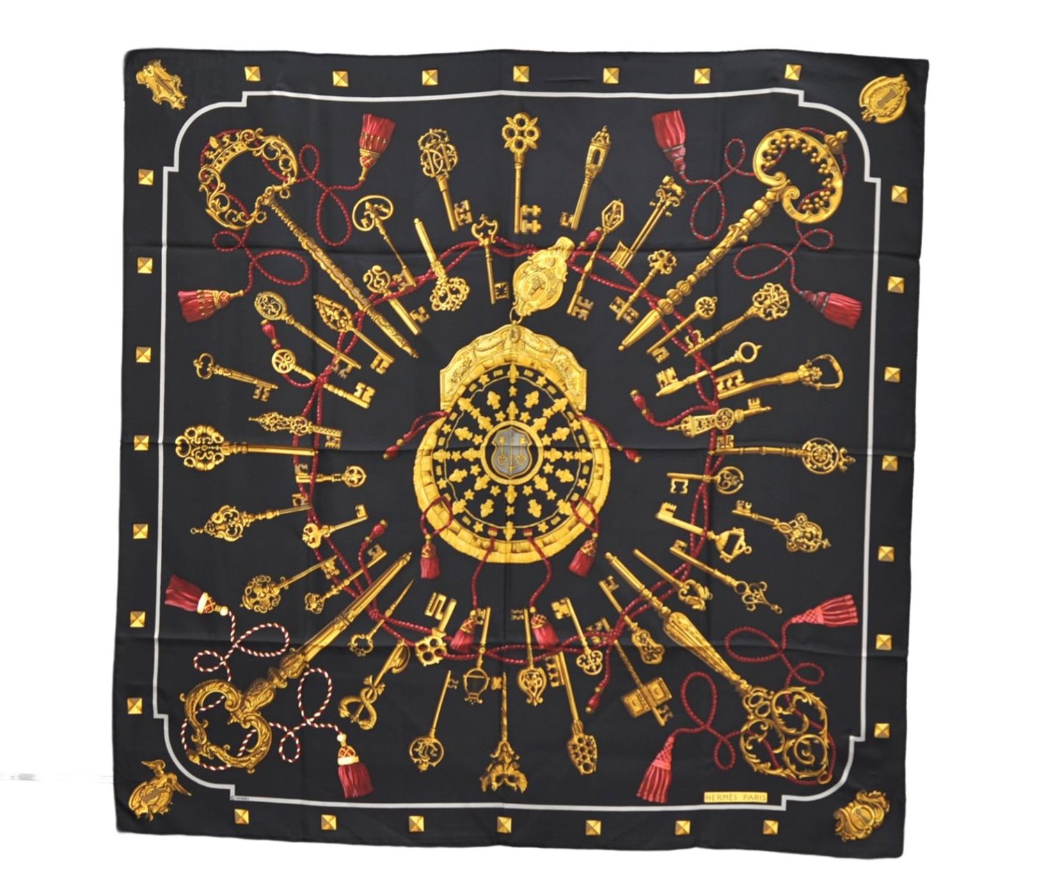 Authentic HERMES Carre 90 Scarf Key Tassel Motif Silk Black 9601D