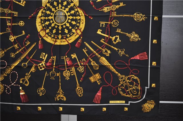 Authentic HERMES Carre 90 Scarf Key Tassel Motif Silk Black 9601D