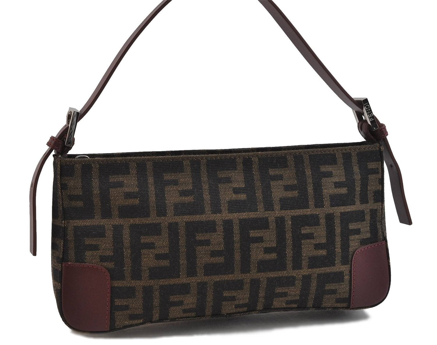 Authentic FENDI Zucca Shoulder Bag Purse Canvas Leather Brown Bordeaux 9602C