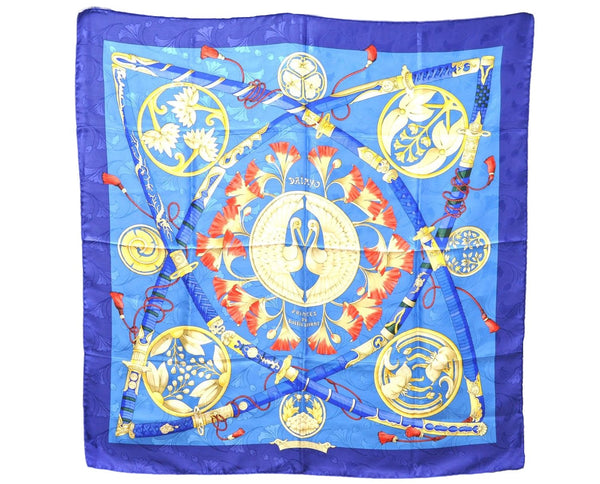 Authentic HERMES Carre 90 Scarf "DAIMYO" Silk Blue 9605D