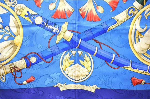 Authentic HERMES Carre 90 Scarf "DAIMYO" Silk Blue 9605D