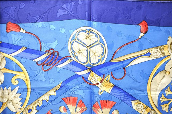 Authentic HERMES Carre 90 Scarf "DAIMYO" Silk Blue 9605D