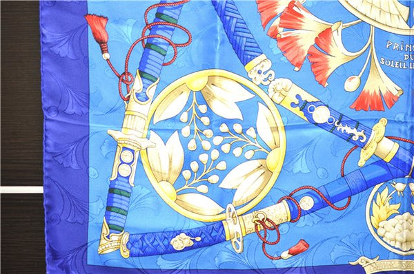 Authentic HERMES Carre 90 Scarf "DAIMYO" Silk Blue 9605D