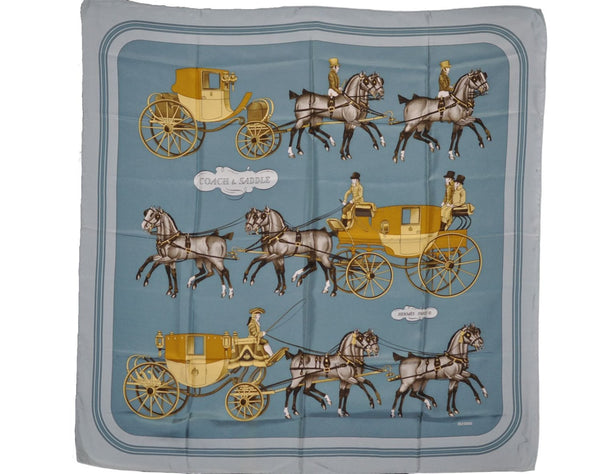 Authentic HERMES Carre 90 Scarf "Coach & Saddle" Silk Light Blue 9607D