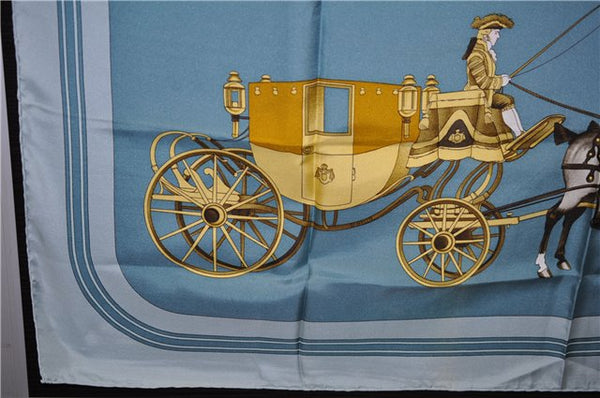 Authentic HERMES Carre 90 Scarf "Coach & Saddle" Silk Light Blue 9607D