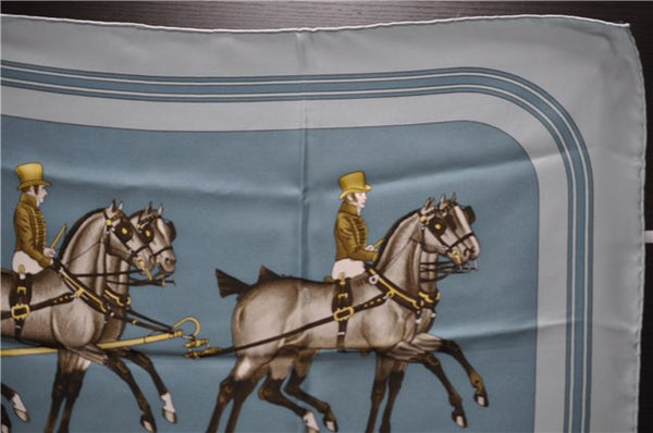 Authentic HERMES Carre 90 Scarf "Coach & Saddle" Silk Light Blue 9607D