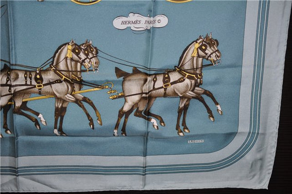 Authentic HERMES Carre 90 Scarf "Coach & Saddle" Silk Light Blue 9607D