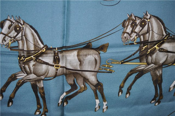 Authentic HERMES Carre 90 Scarf "Coach & Saddle" Silk Light Blue 9607D