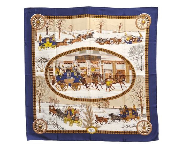 Authentic HERMES Carre 90 Scarf "I'Hiver en Poste" Silk Navy 9608D