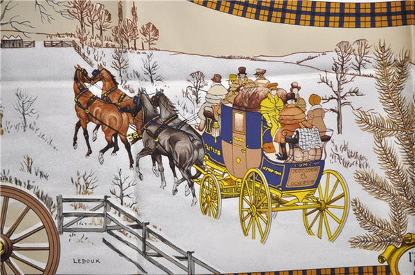 Authentic HERMES Carre 90 Scarf "I'Hiver en Poste" Silk Navy 9608D