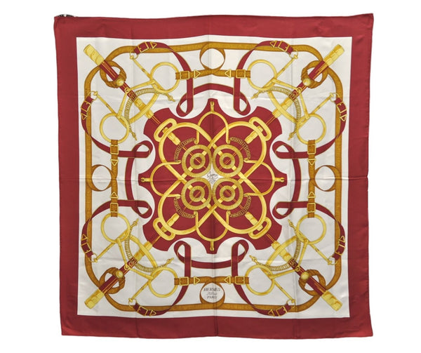 Authentic HERMES Carre 90 Scarf "Eperon d'or" Silk Bordeaux Red 9614D