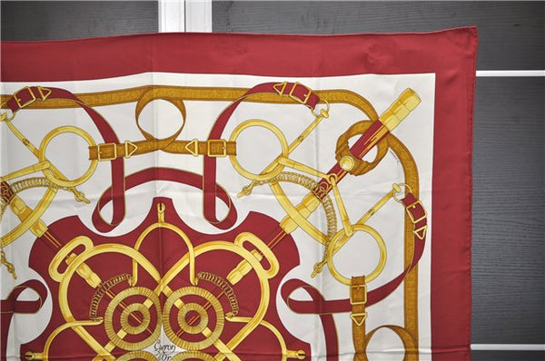 Authentic HERMES Carre 90 Scarf "Eperon d'or" Silk Bordeaux Red 9614D