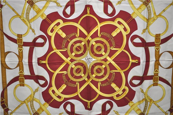 Authentic HERMES Carre 90 Scarf "Eperon d'or" Silk Bordeaux Red 9614D