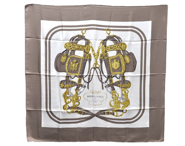 Authentic HERMES Carre 90 Scarf "BRIDES de GALA par" Silk Brown 9615D