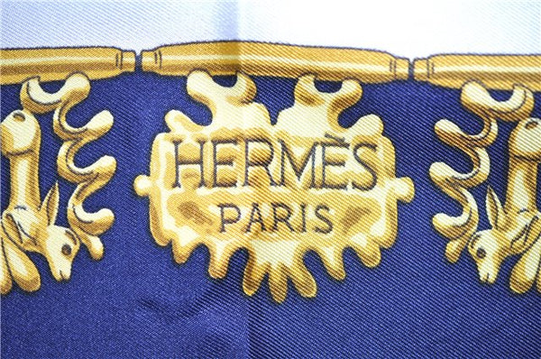 Authentic HERMES Carre 90 Scarf "LES CAVALIERS D'OR" Silk Navy 9616D