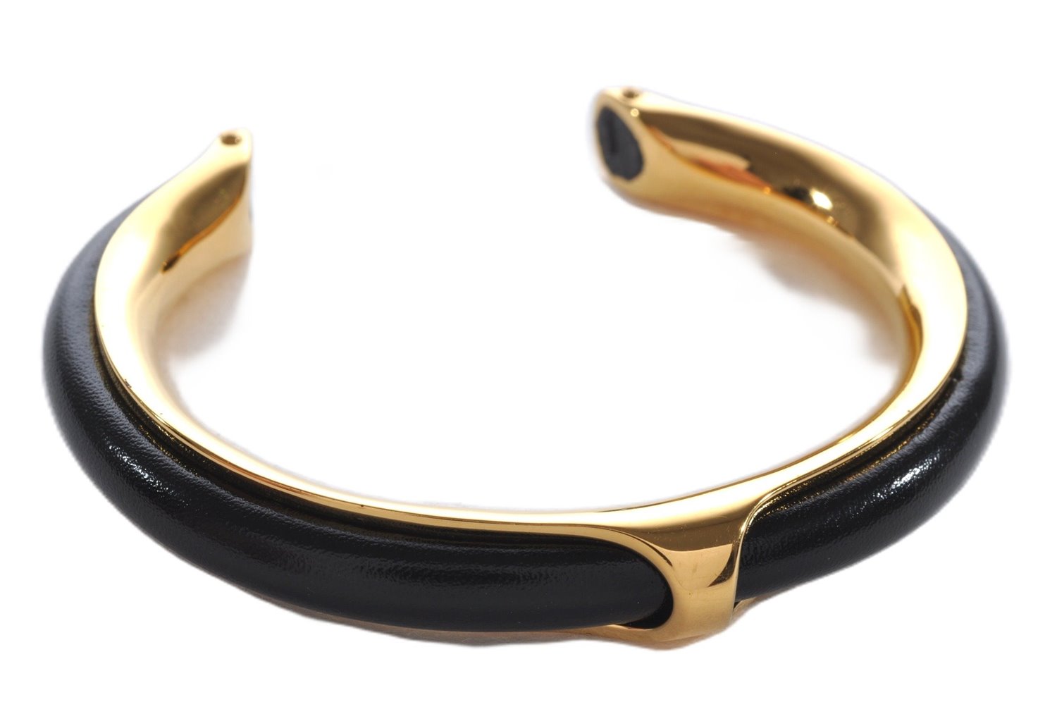 Authentic HERMES Vintage Leather Combination Bangle Bracelet Gold Black 9616E