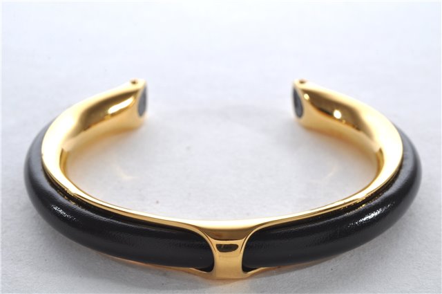 Authentic HERMES Vintage Leather Combination Bangle Bracelet Gold Black 9616E