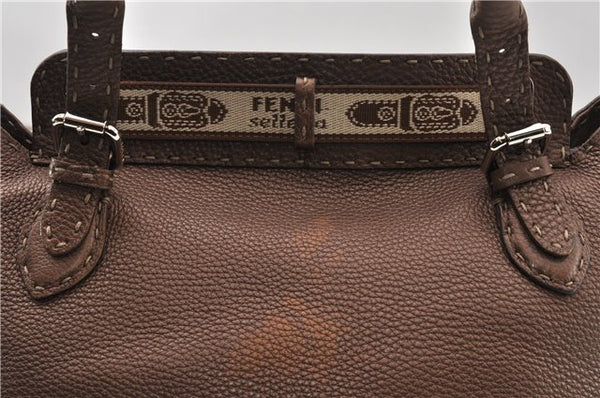 Authentic FENDI Selleria Villa Borghese Hand Tote Bag Purse Leather Brown 9619F