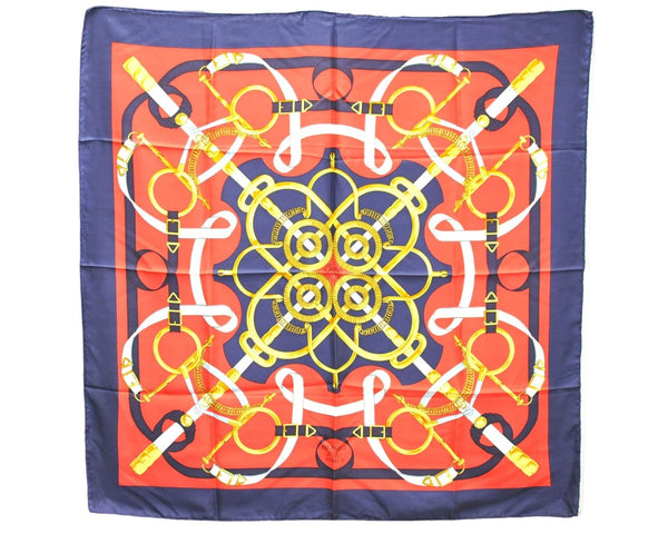 Authentic HERMES Carre 90 Scarf "Eperon d'or" Silk Navy 9621D