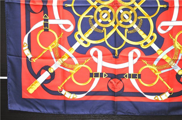 Authentic HERMES Carre 90 Scarf "Eperon d'or" Silk Navy 9621D