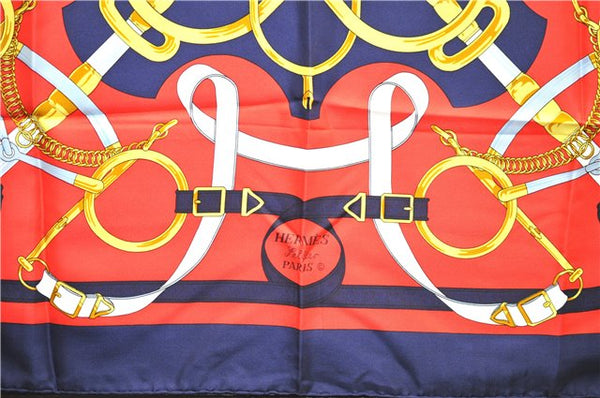 Authentic HERMES Carre 90 Scarf "Eperon d'or" Silk Navy 9621D