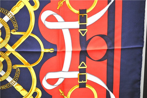 Authentic HERMES Carre 90 Scarf "Eperon d'or" Silk Navy 9621D