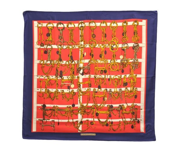 Authentic HERMES Carre 90 Scarf "MORS&FILETS" Silk Navy 9625D