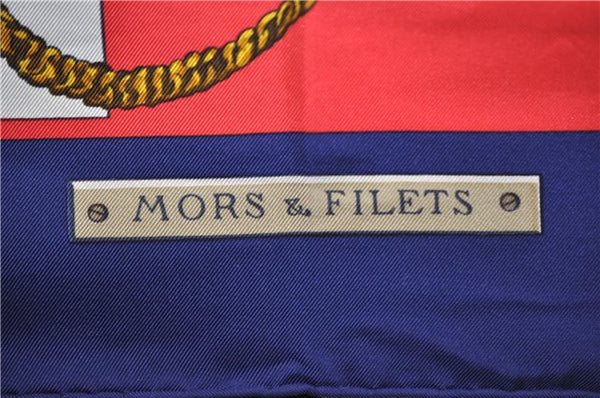 Authentic HERMES Carre 90 Scarf "MORS&FILETS" Silk Navy 9625D