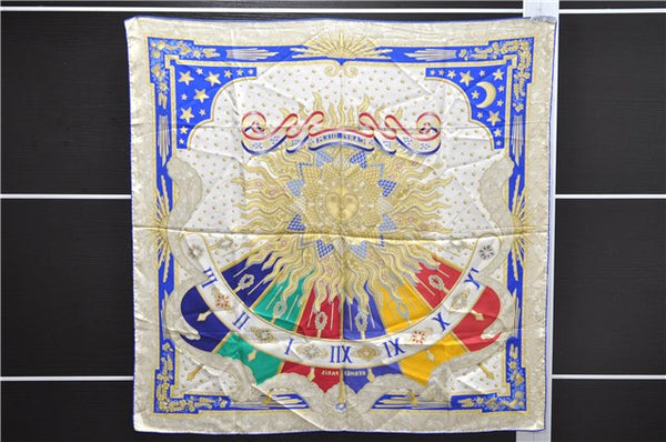 Authentic HERMES Carre 90 Scarf "CARPE DIEM" Silk Blue 9626D